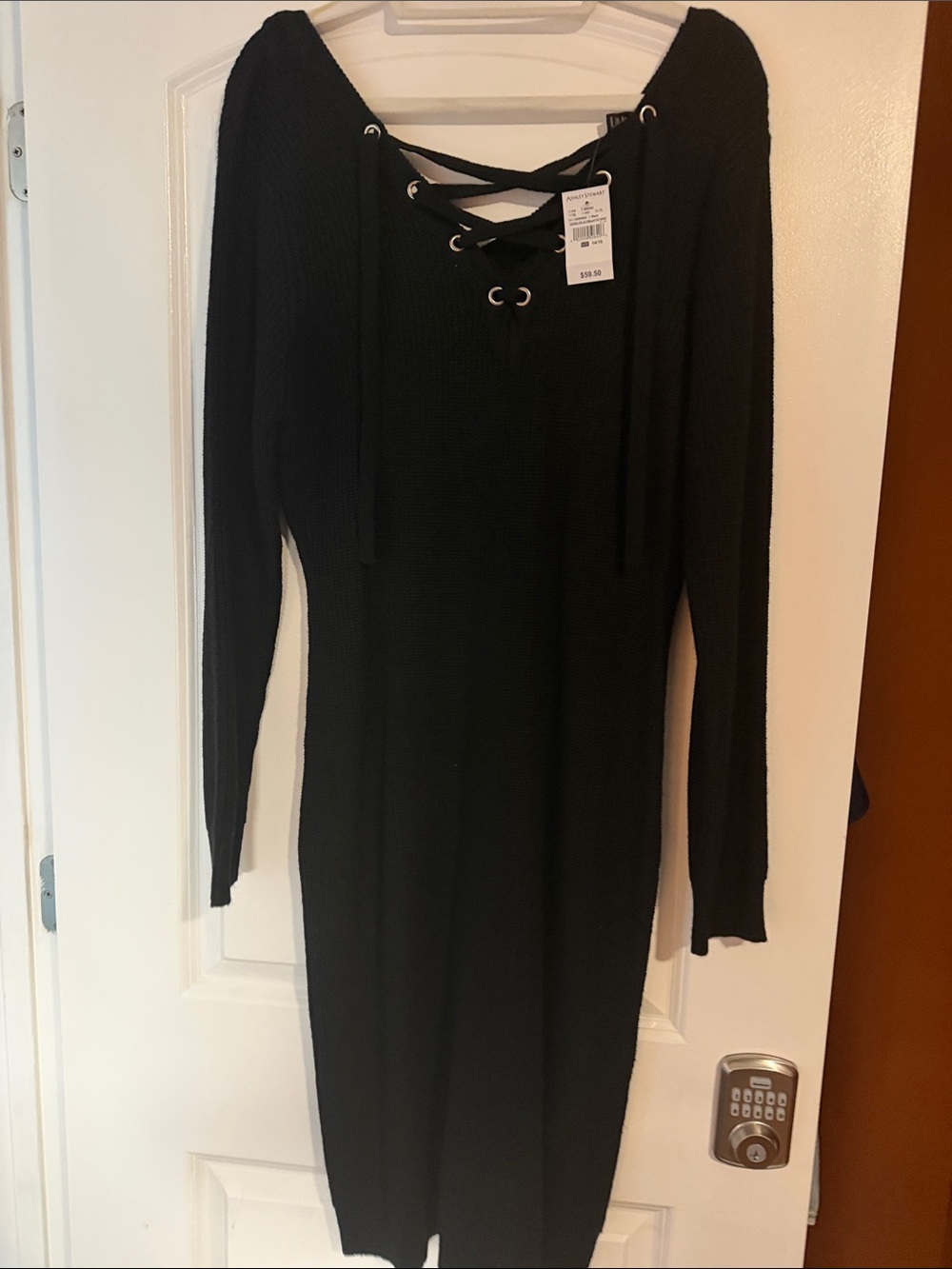 Ashley Stewart Black Lace-Up Knit Long Sleeve Dress